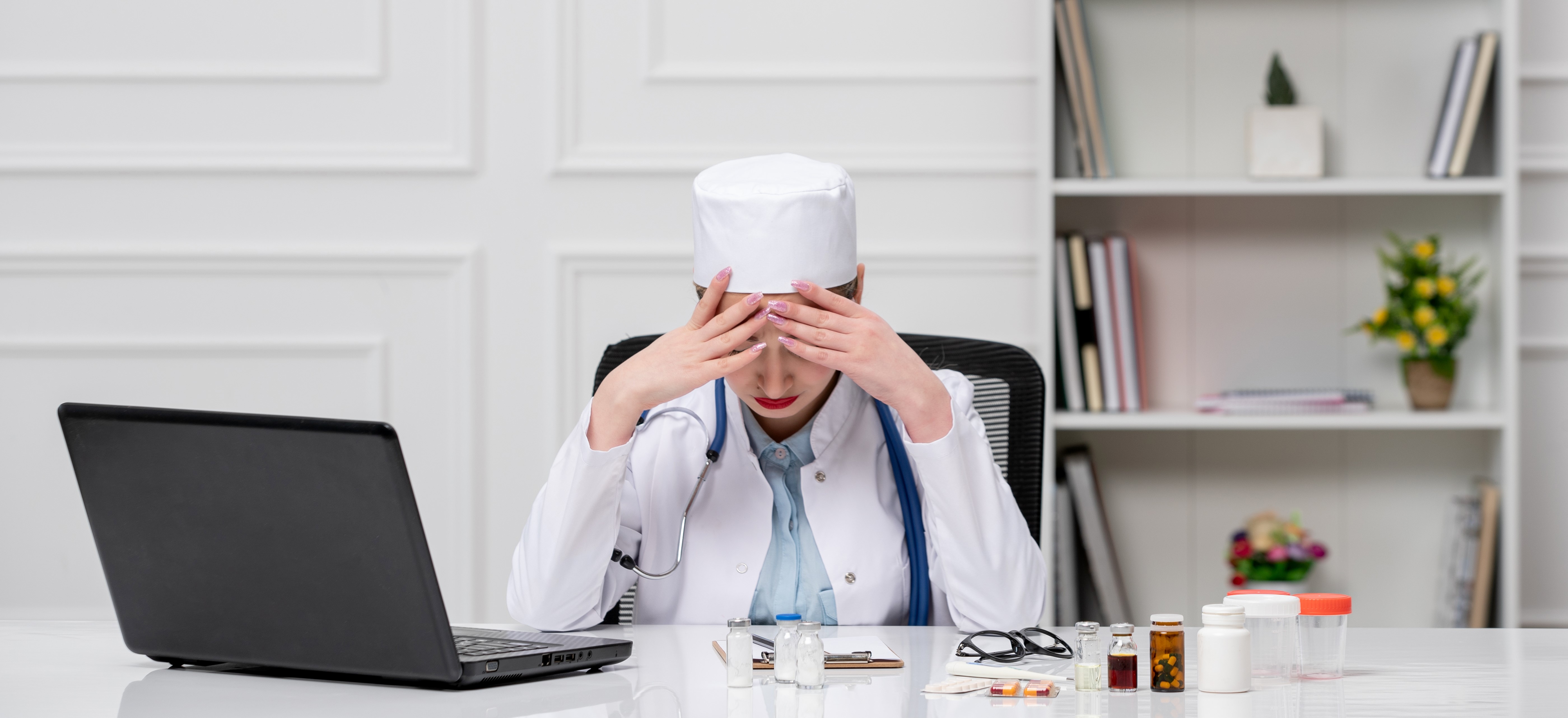 medical-beautiful-cute-doctor-white-hospital-coat-hat-with-computer-holding-head-2.jpg